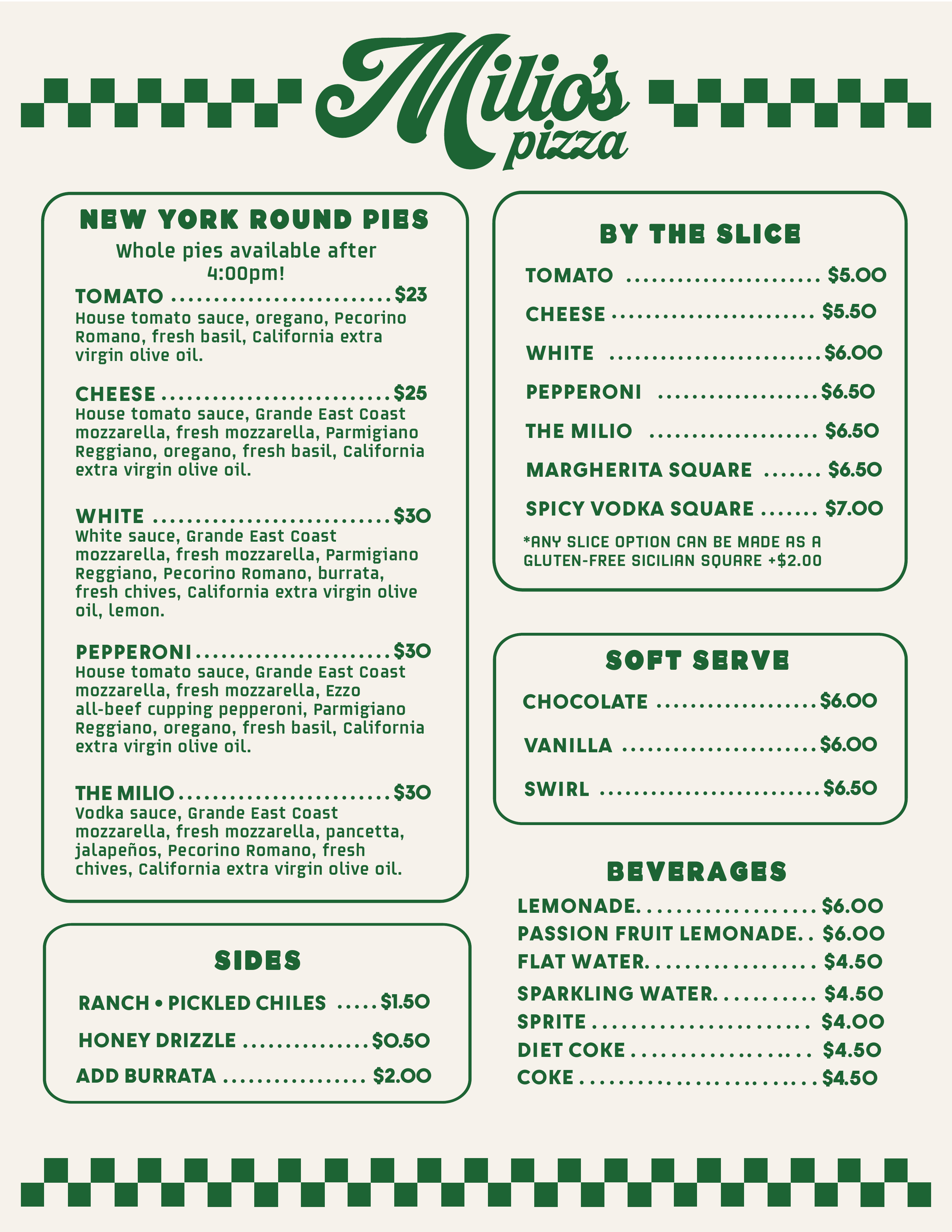 Milio's Pizza full menu